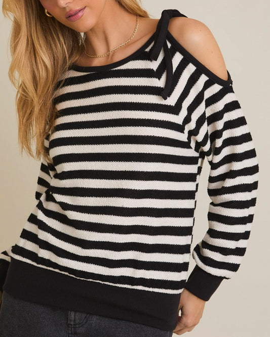 Shoulder Cut-out Tie Long Sleeve Stripe Top | GILLI