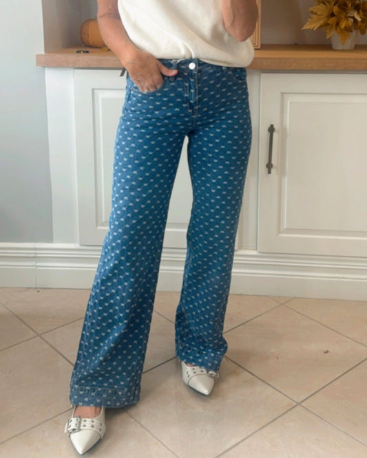 High Rise Wide Leg Bow Embroidered Jeans | RISEN