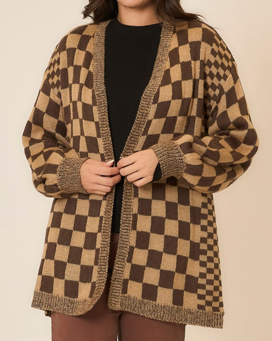 Brown Checker Jacquard Knit Open Cardigan | COZY CO *30A SEPT PREORDER