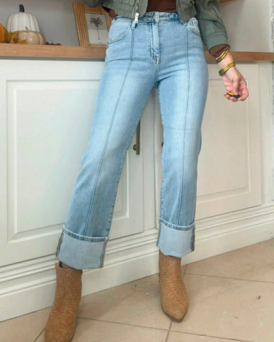 High Rise Ankle Straight Wide Cuffed Denim Jeans | RISEN