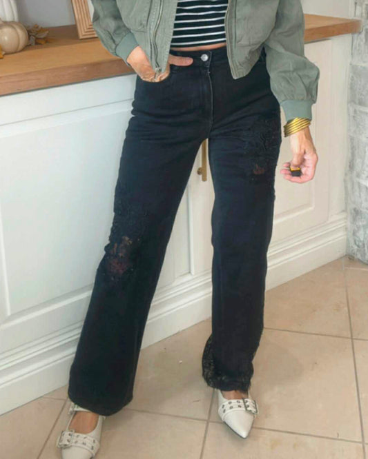 Lace Patchwork Straight Leg Jeans