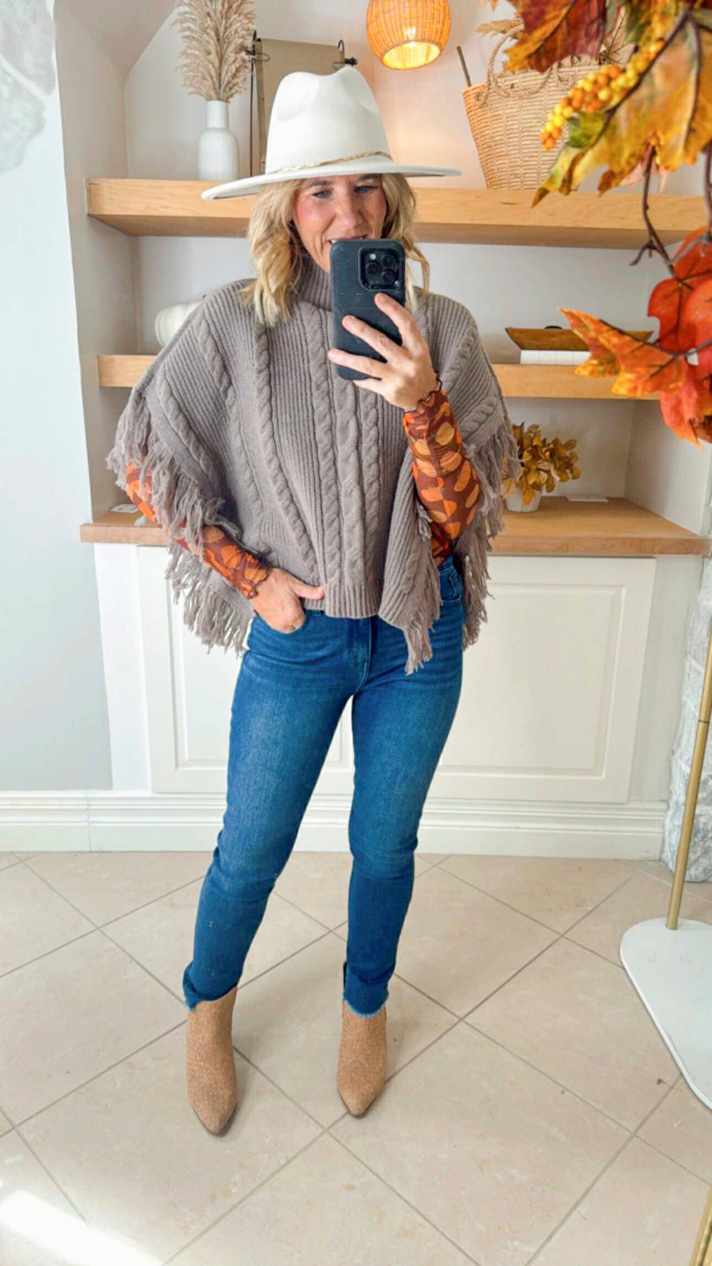 Cider - Crop Top Poncho With Tassel Trim