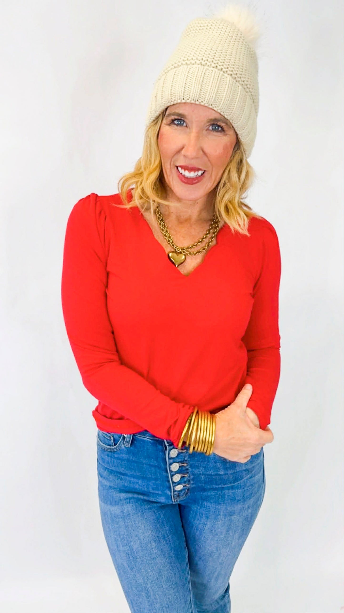 Red Scallop V-Neck Long Sleeve Top