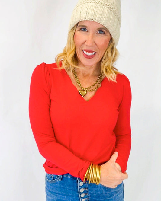 Red Scallop V-Neck Long Sleeve Top