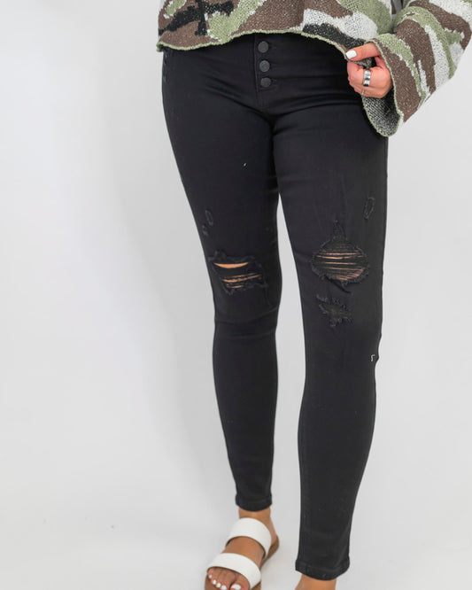 Black 5-Button Destructed Ankle Skinny Denim Jeans