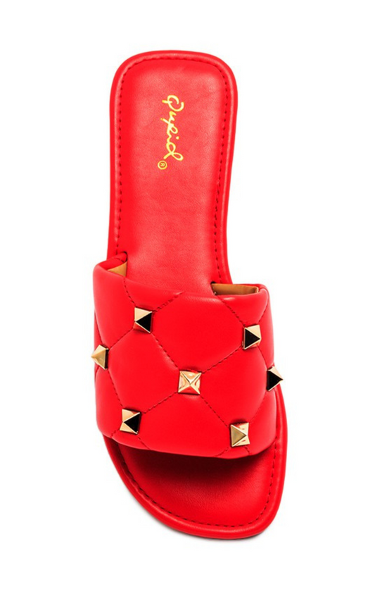 Red Studded Single Strap Flat Sandals