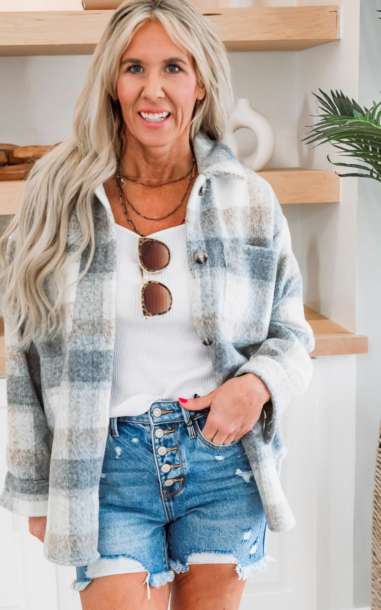 Grey Brushed Yarn Dyed Plaid Loose Button Up Jacket - Final Sale