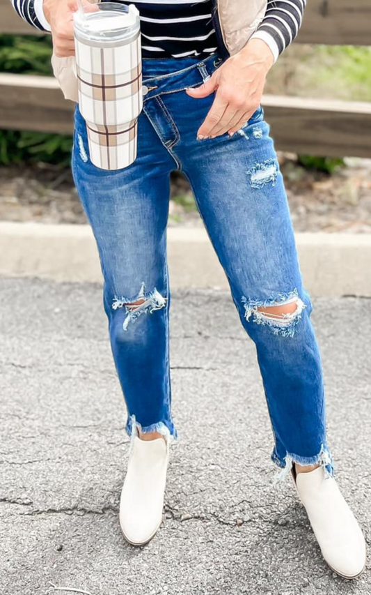 Crossover Distressed Girlfriend Denim Jeans | Risen