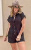 Black short sleeve romper with button-up front and relaxed fit—effortlessly chic.