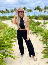 Black Crinkle Textured Cropped Top 2pc Beach Set