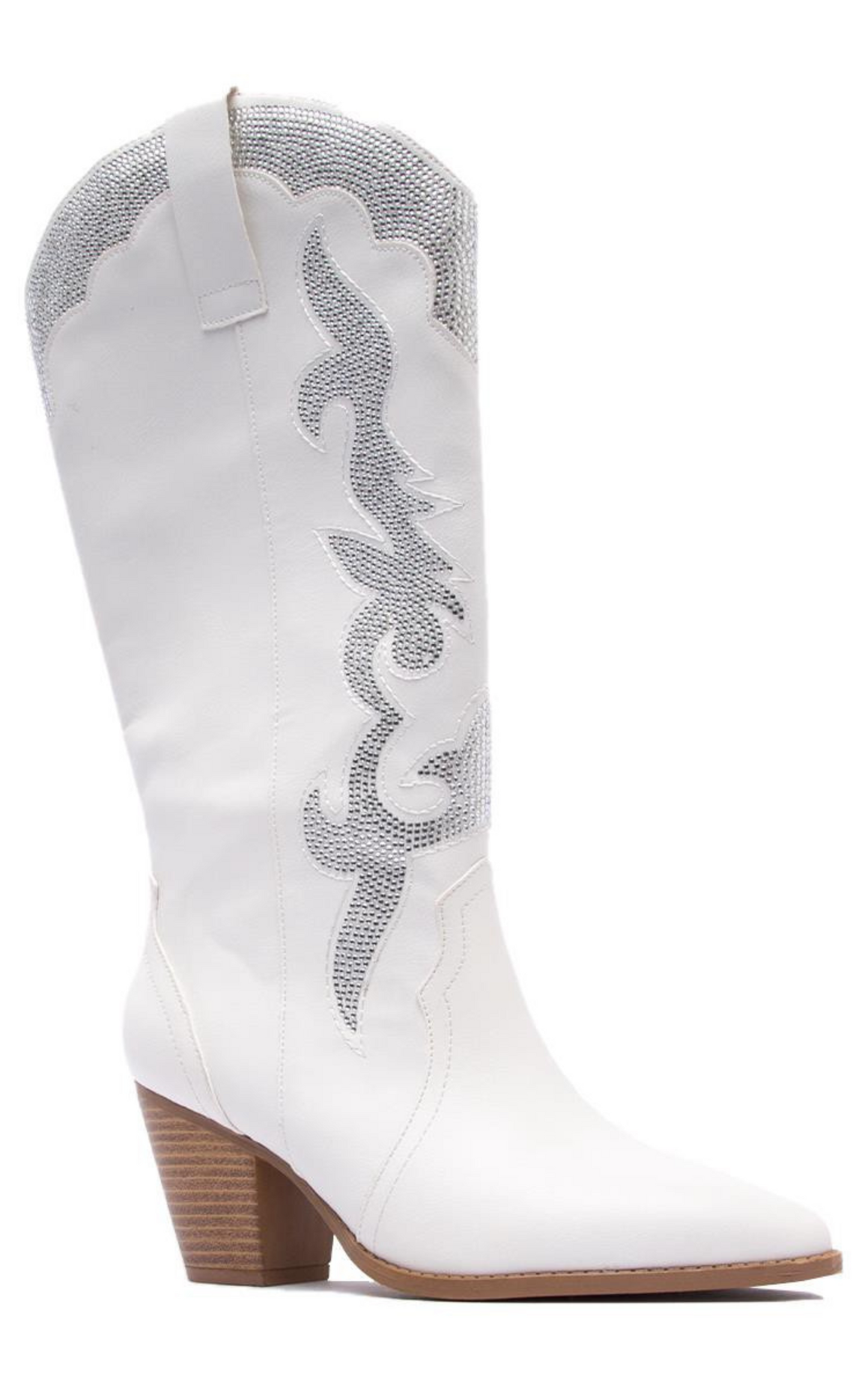 White Block Heel Flame Knee High Boots