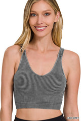ASH GREY Washed Ribbed Cropped Padded Bra Tank Top