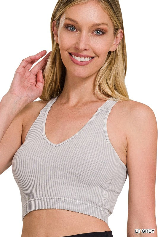 LT GREY Washed Ribbed Cropped Padded Bra Tank Top