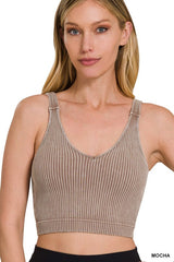 MOCHA Washed Ribbed Cropped Padded Bra Tank Top