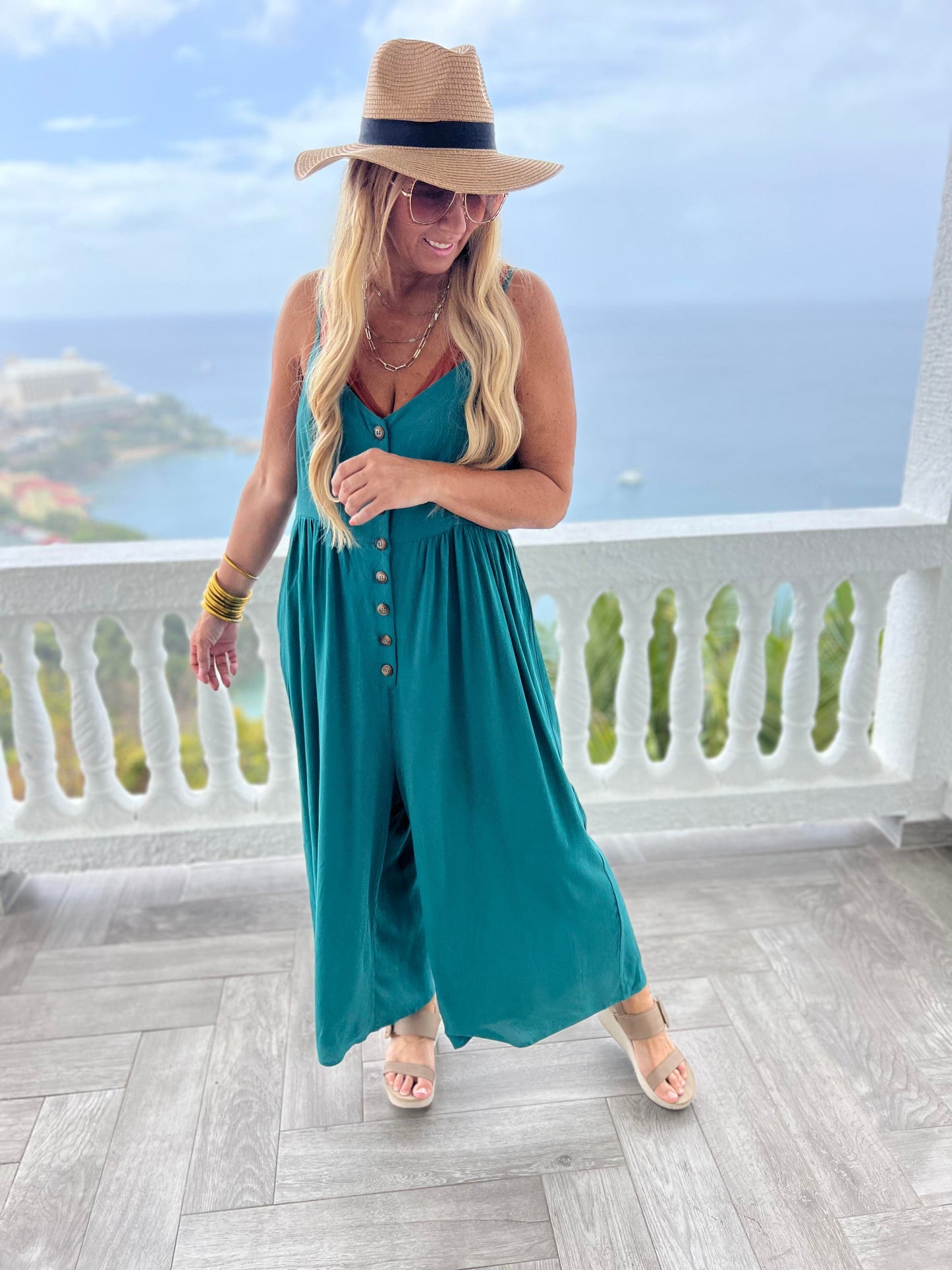 BUTTON DOWN RAYON CREPE JUMPSUIT - Virgin Island Launch