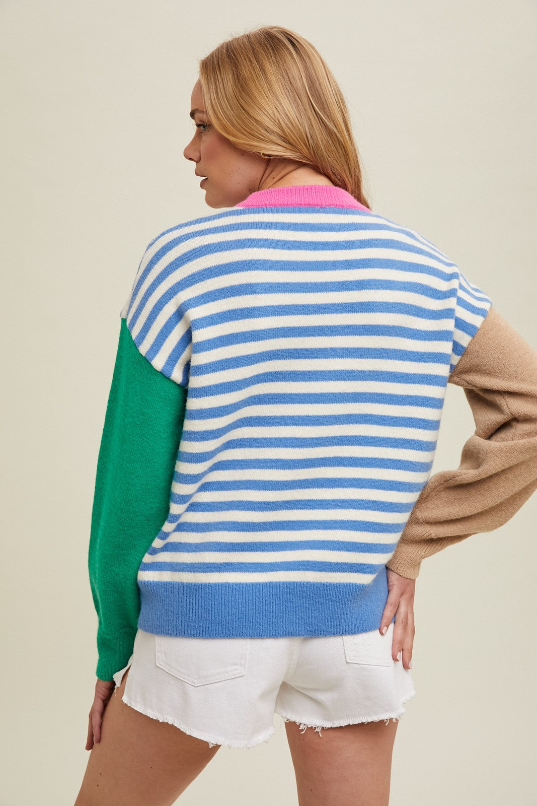 Blue White Color Block Striped Sweater