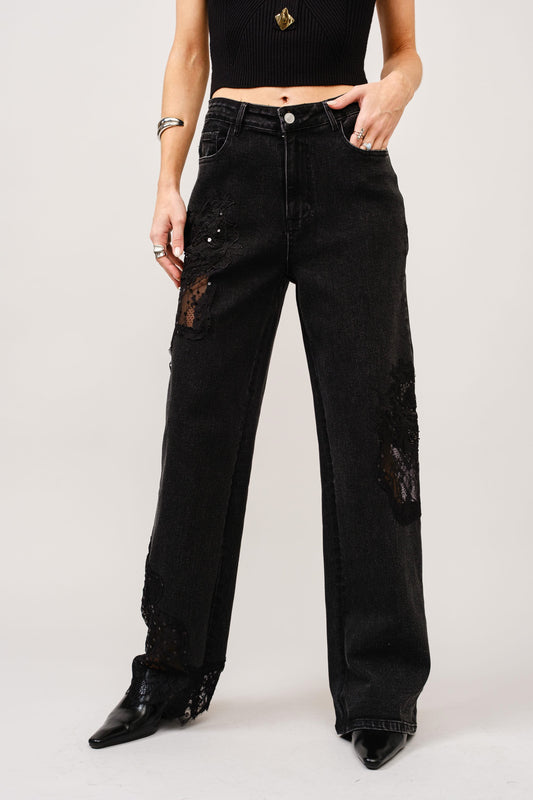 Lace Patchwork Straight Leg Jeans