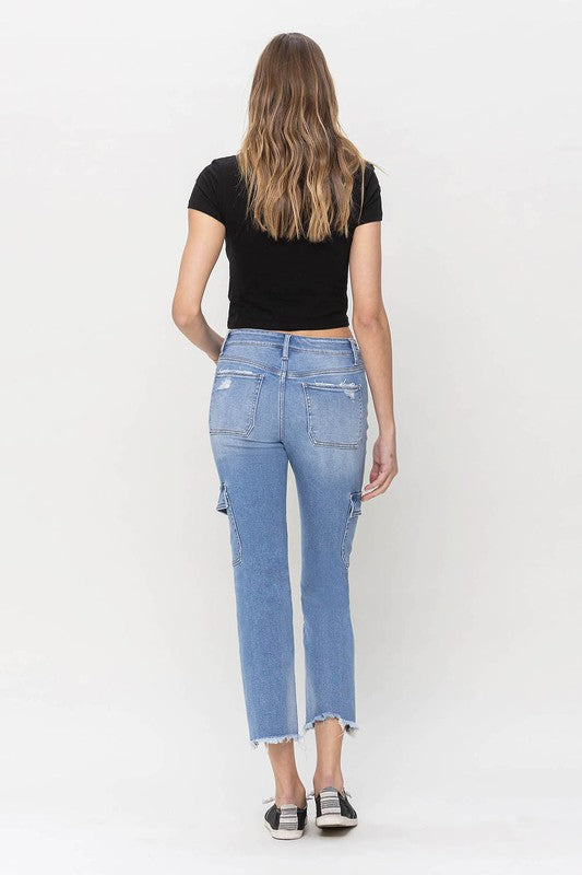 Mid Rise Cargo Straight Crop Denim Jeans