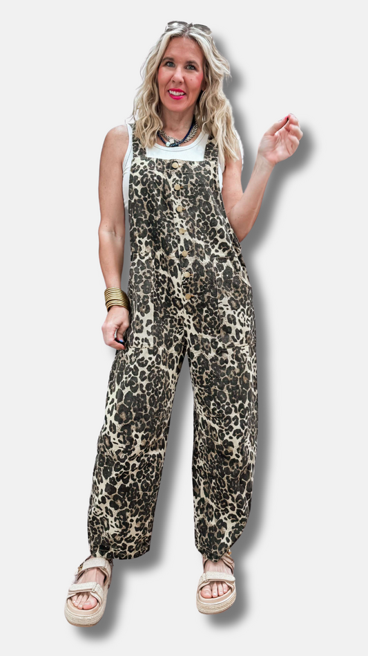 Acid Washed Leopard Printed Denim Jumpsuit.