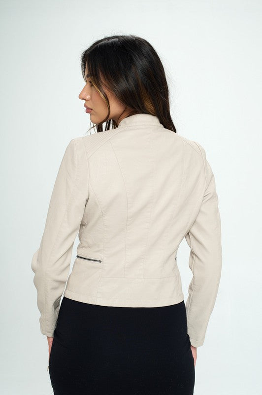 Vegan Leather Biker Jacket - Cream