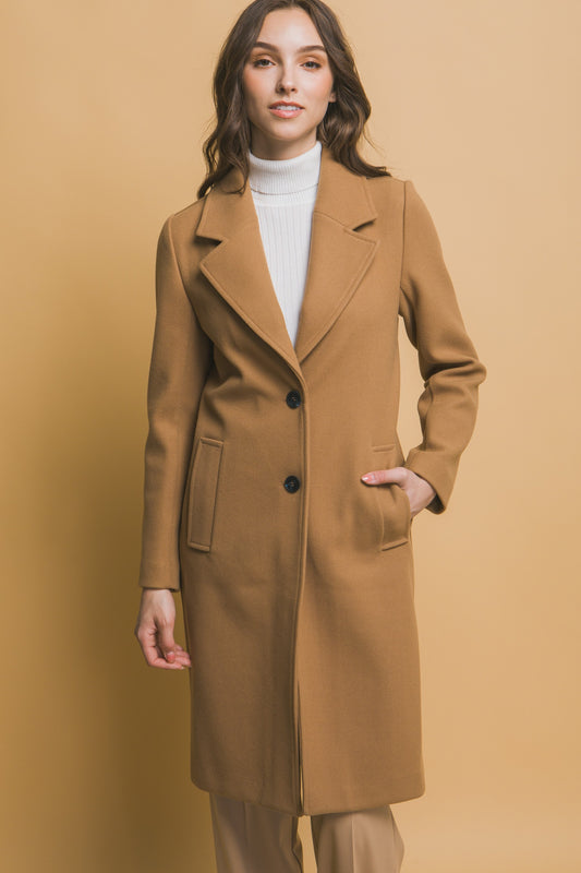 Notched Lapel Long Sleeve Buttoned Coat