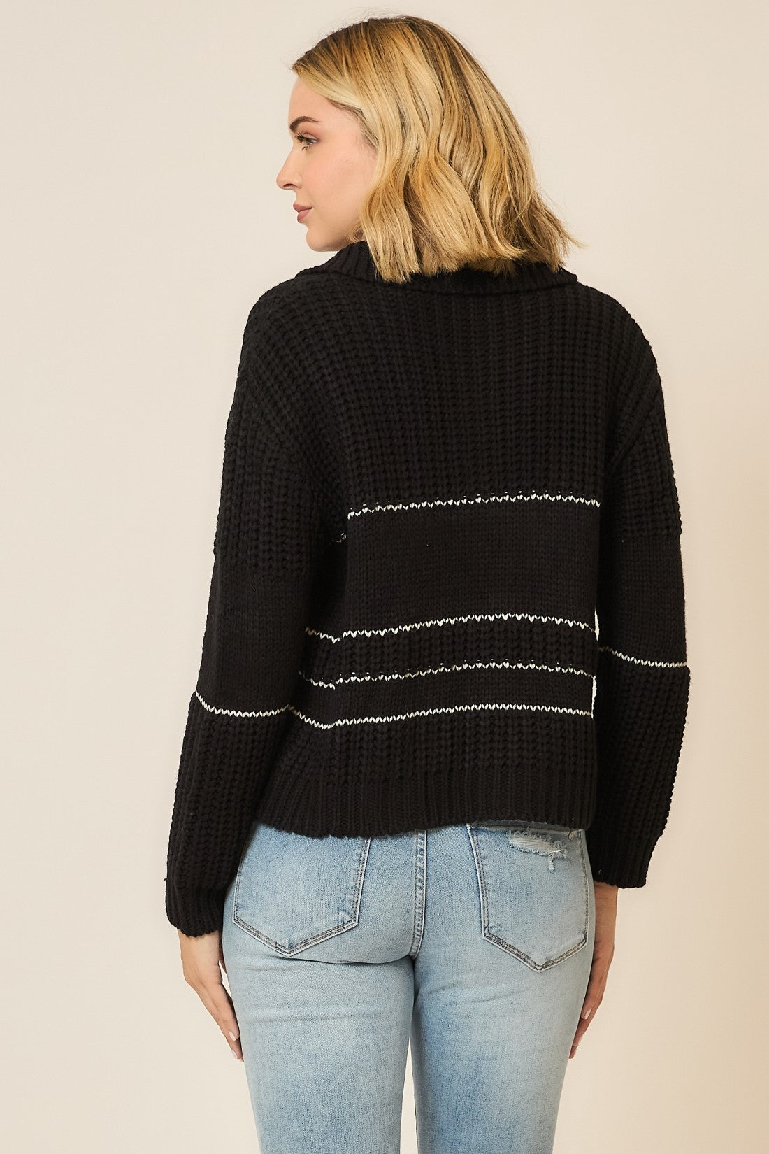 Black Button Up Knit Sweater With Contrast Stripes | COZY CO *30A SEPT PREORDER