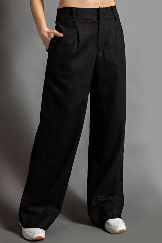 Black Linen Wide Leg Pintuck Pleat Pants | RAE MODE