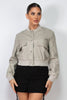 Faded Faux Leather Buttoned Bomber Jacket