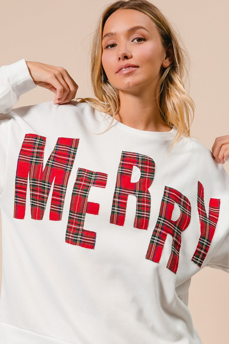 Plaid Merry Lettering Christmas Fleece Sweatshirt | BIBI *LA LIVE PREORDER