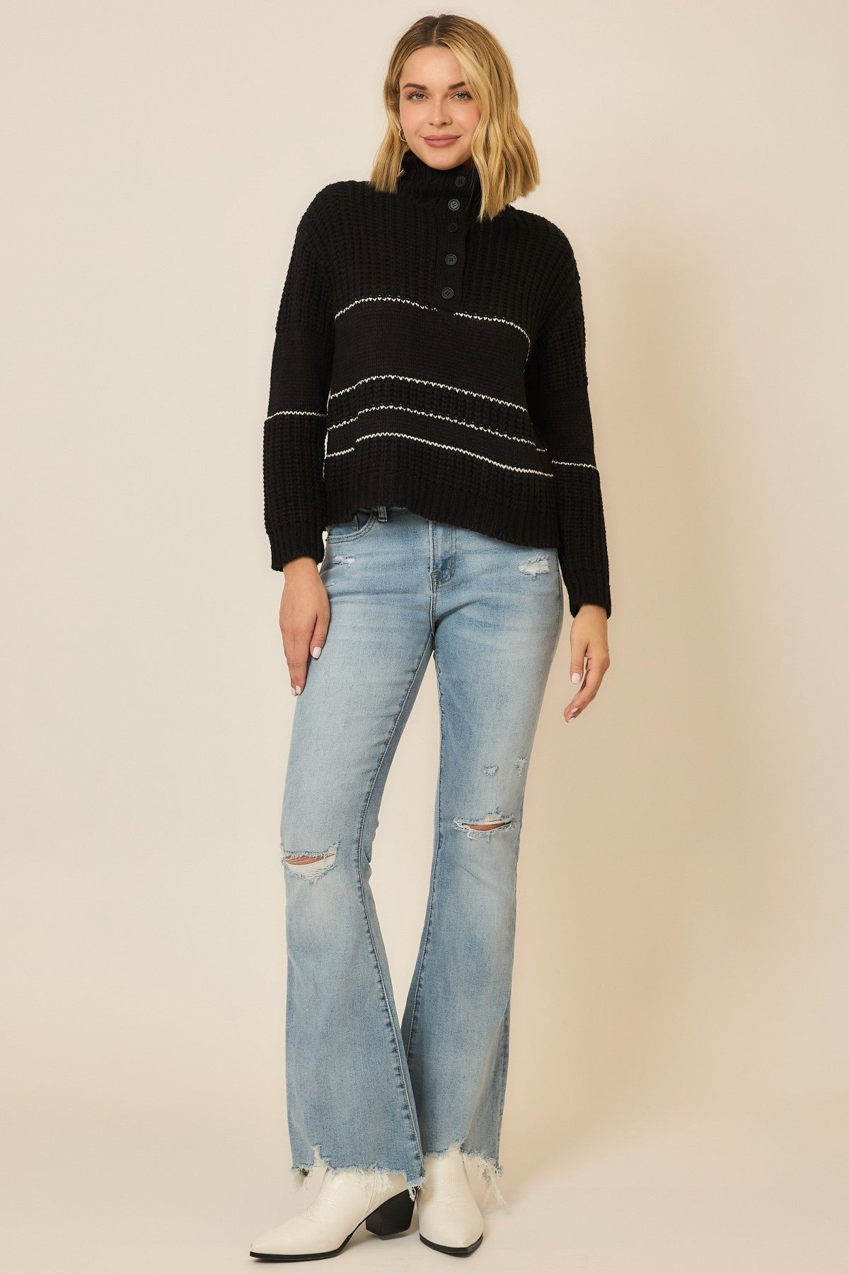 Black Button Up Knit Sweater With Contrast Stripes | COZY CO *30A SEPT PREORDER