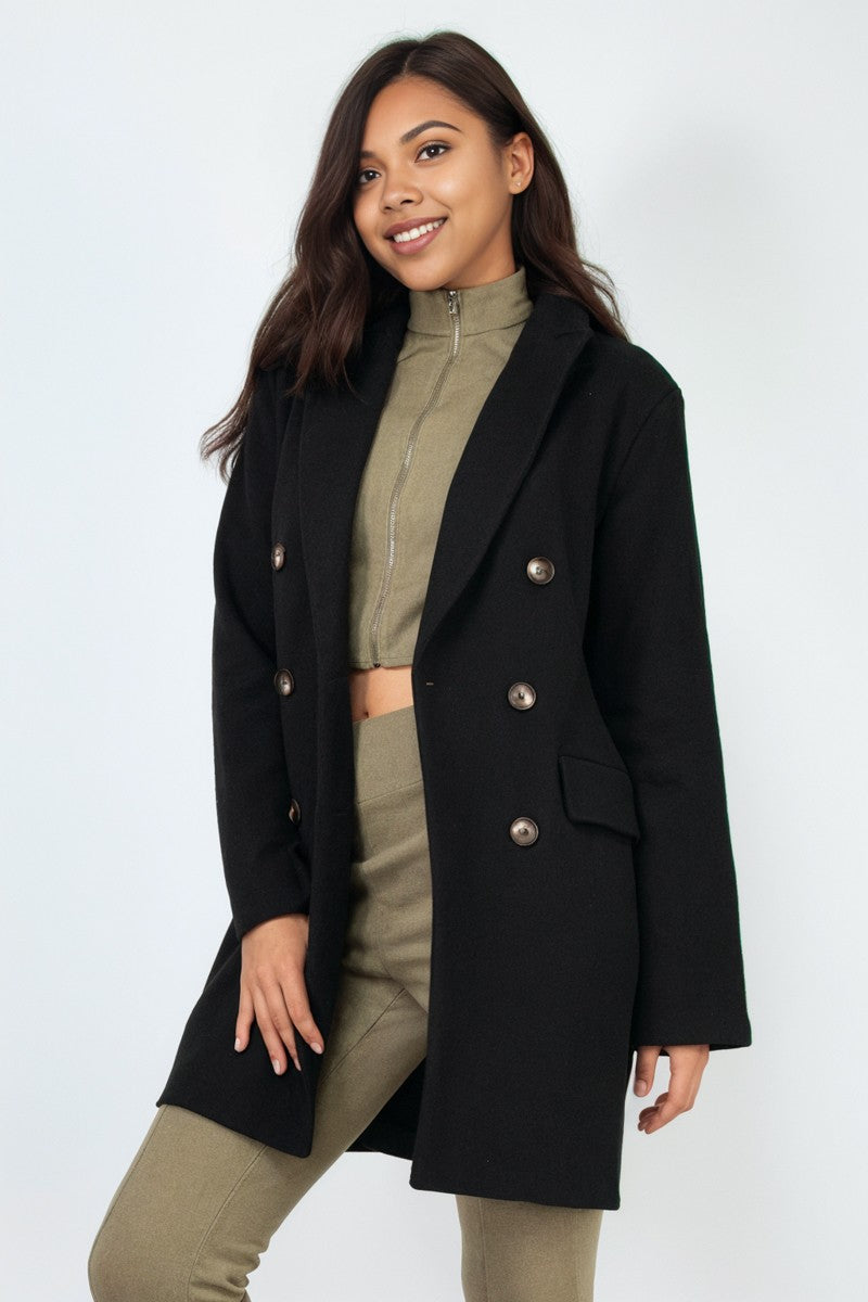 Solid Double-Breasted Lapel Coat