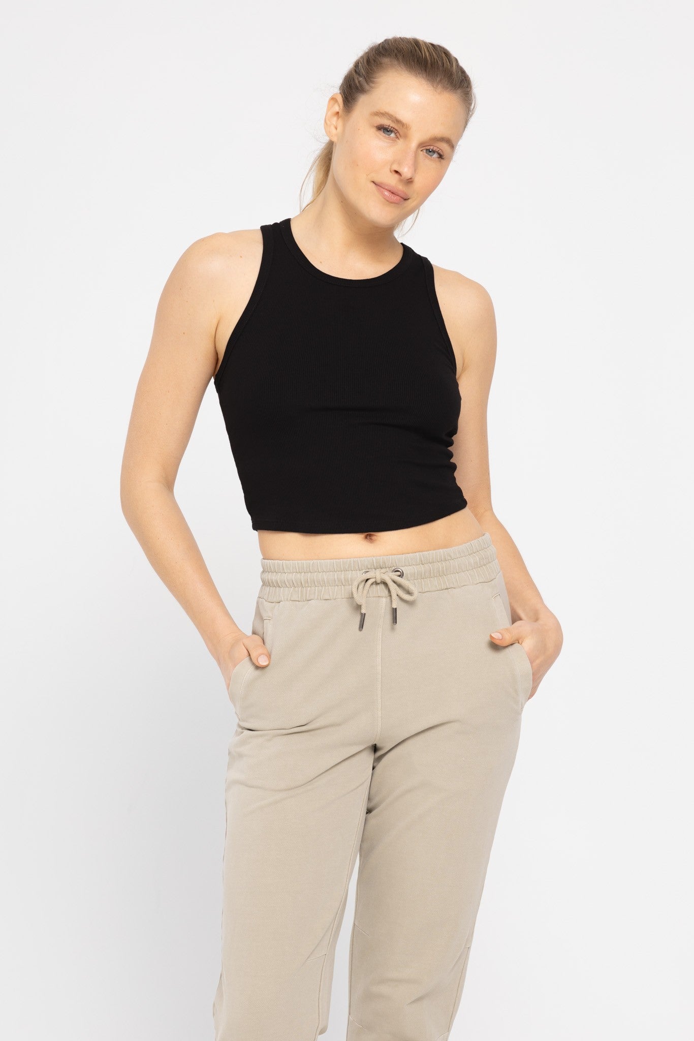 Essential Micro-Ribbed Cropped Racer Tank Top | MONO B - Final Sale