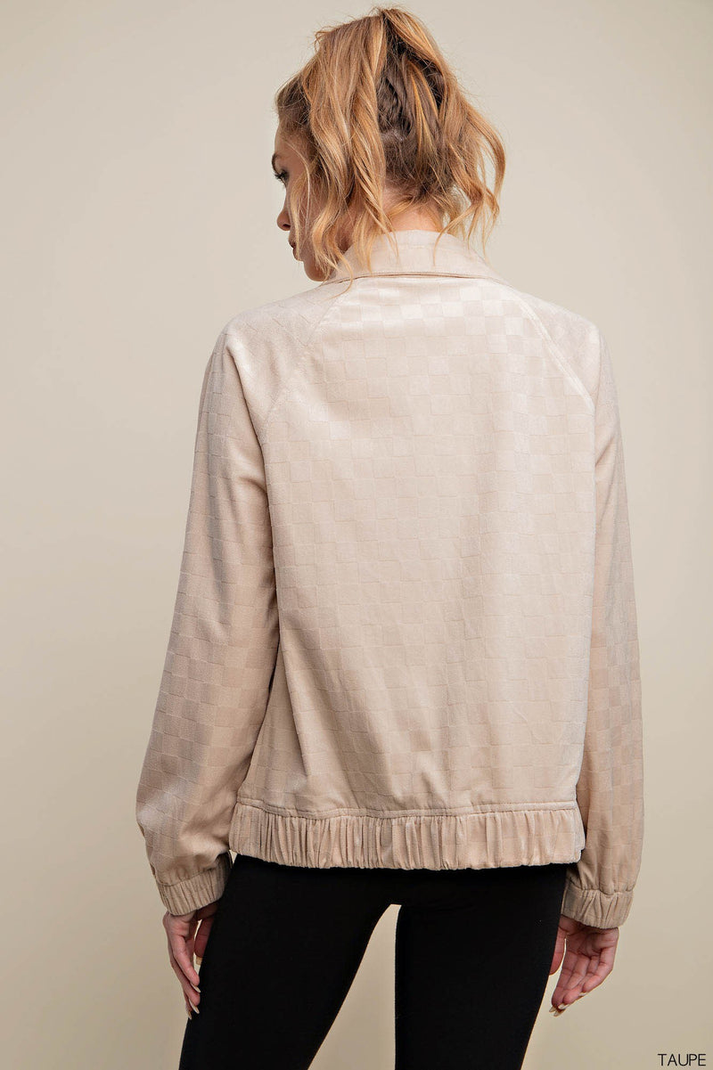 Check Velvet Bomber Jacket - Taupe