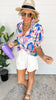 Lavender Leaf Print Short Sleeve Blouse