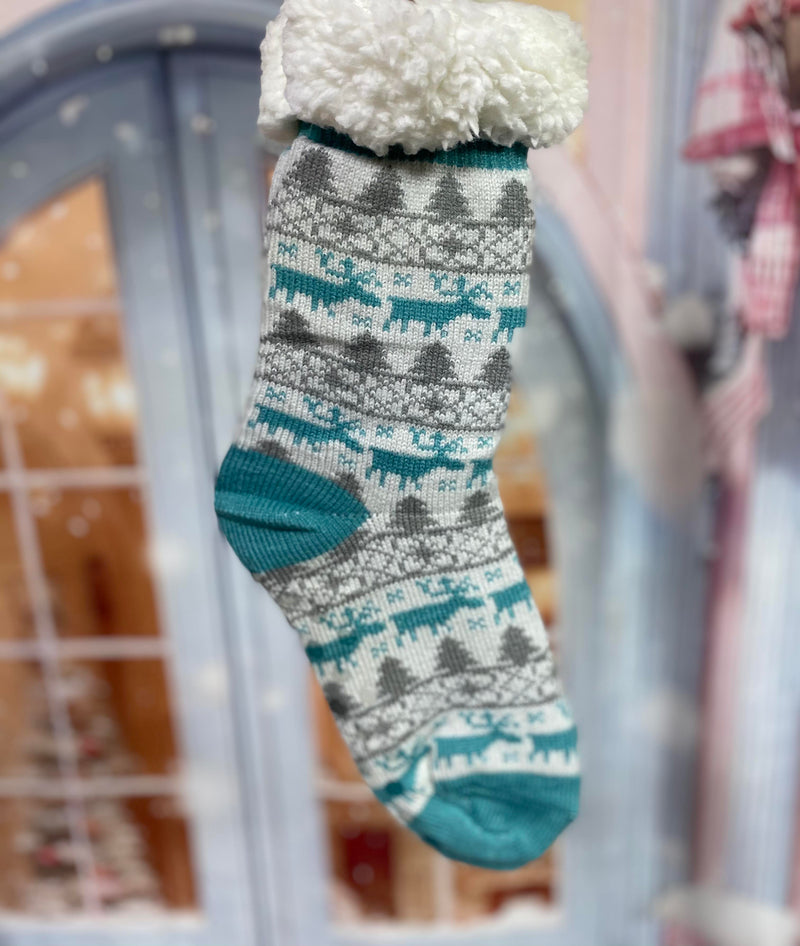 Mint Fuzzy Reindeer Winter Socks