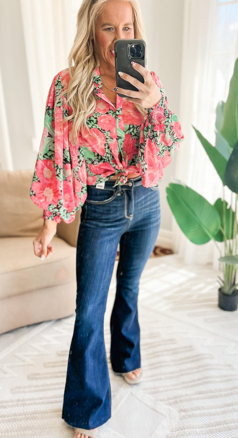 Garden of Luxury Floral Puff Sleeve Blouse - Hot Pink