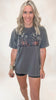 Unisex charcoal graphic t-shirt with festive Halloween print and spooky character collage inside the wording