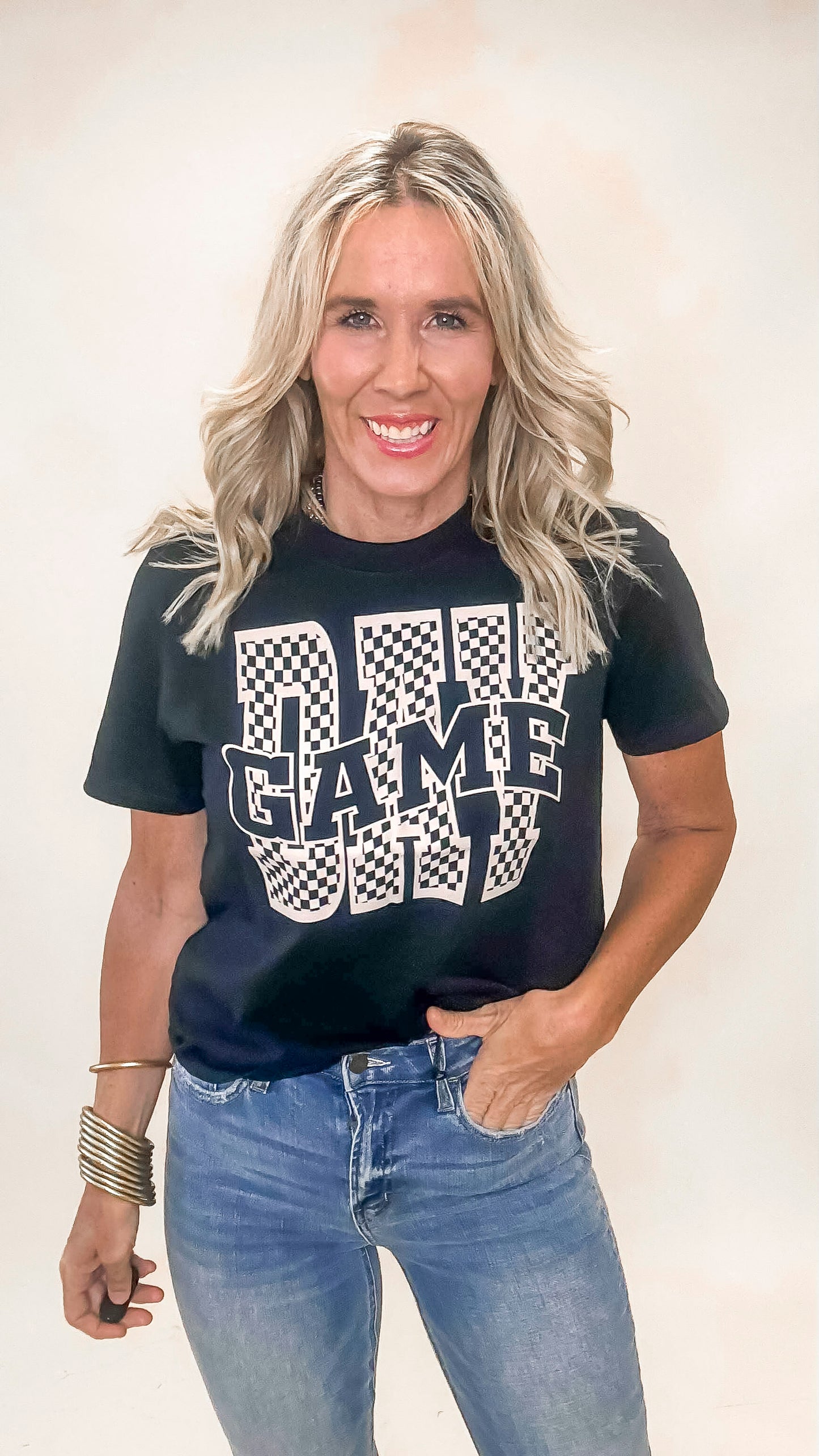 Sporty black Game Day tee styled for tailgates, stadium seats, or weekend wear.