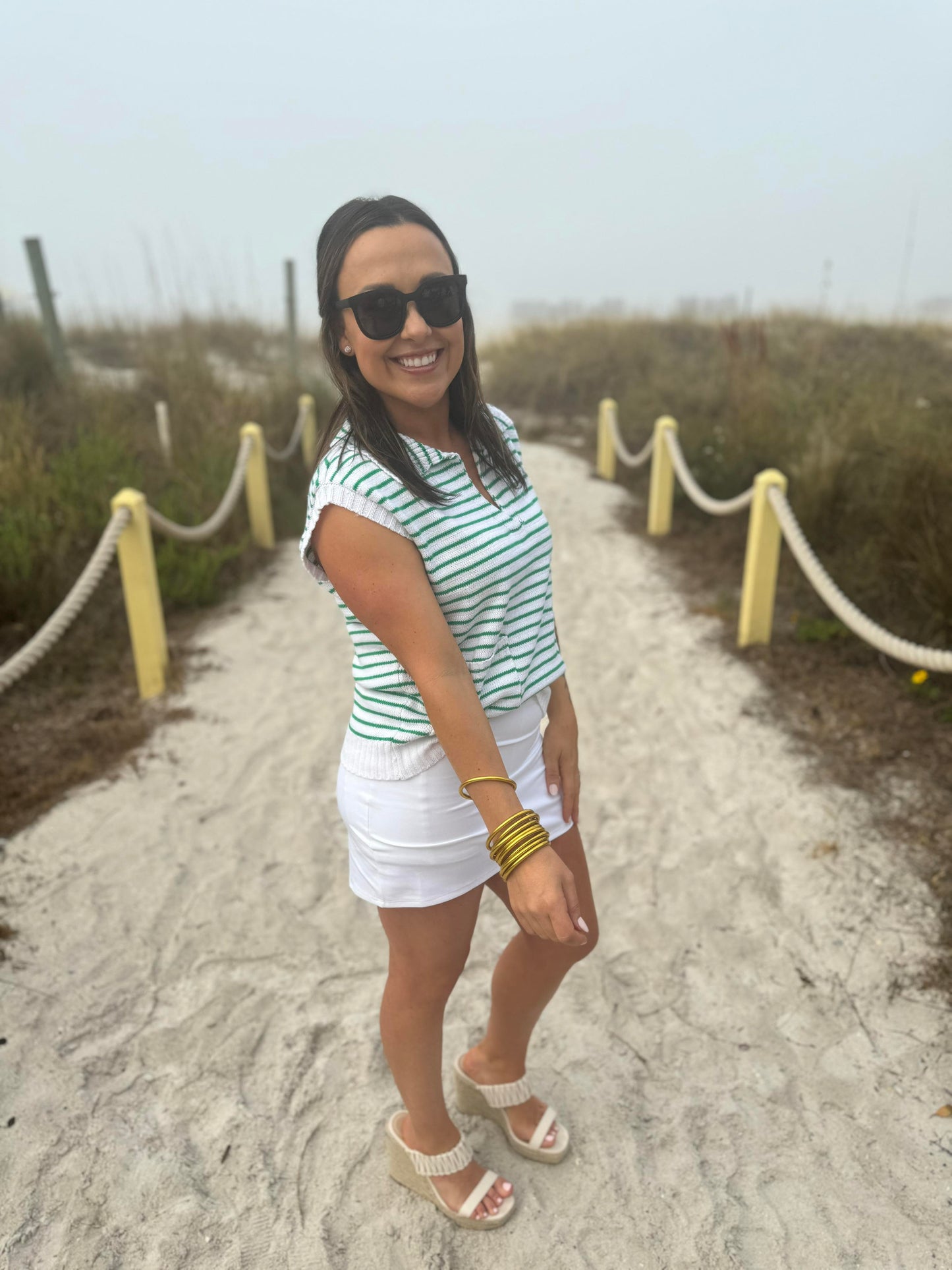 Kelly Green Striped Knit Vest Top with Pockets