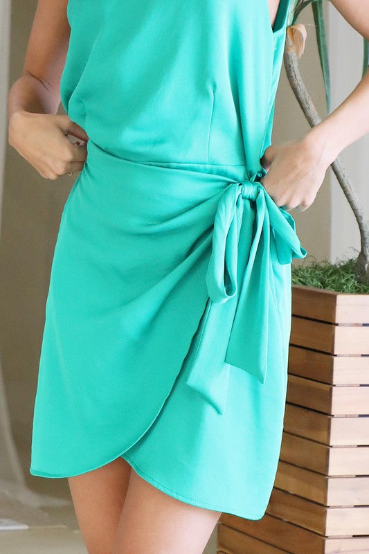 One Shoulder Wrap Mini Dress - Green - Final Sale