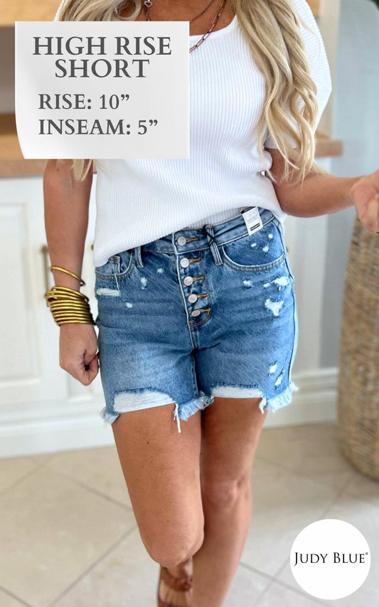 The Magic Rigid High Rise Button Front Distressed Denim Shorts | Judy Blue (REG/CURVY)