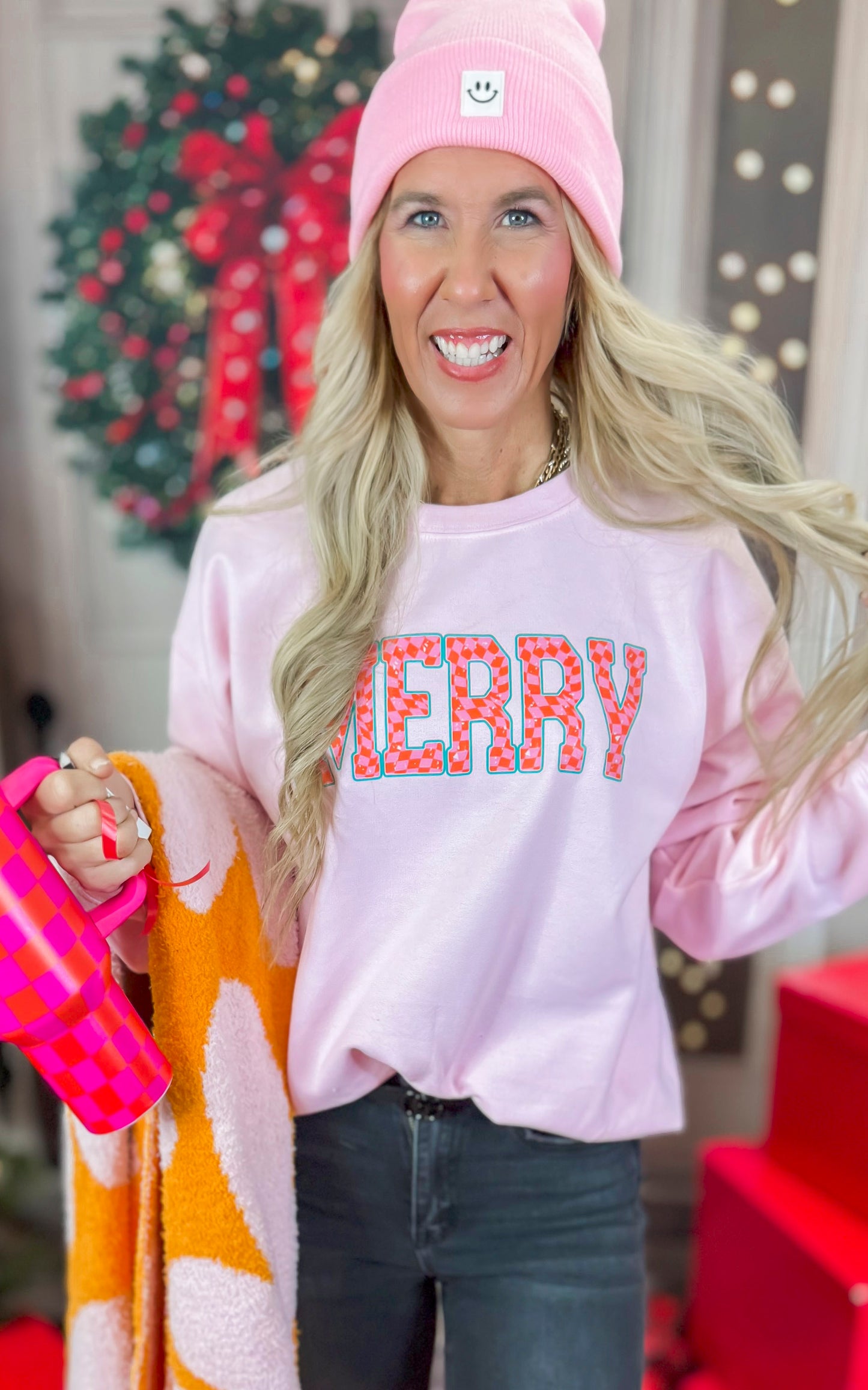 Checkered Merry Graphic Crewneck Sweatshirt