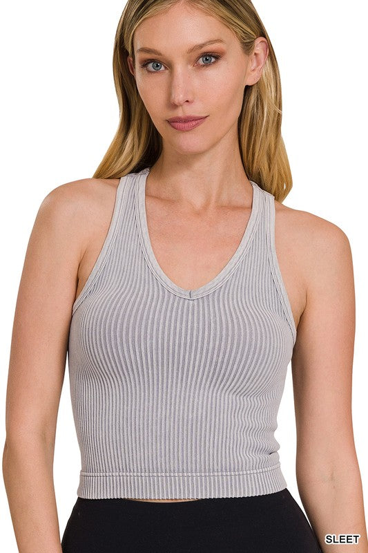 Washed Cropped Racerback V-Neck Tank Top