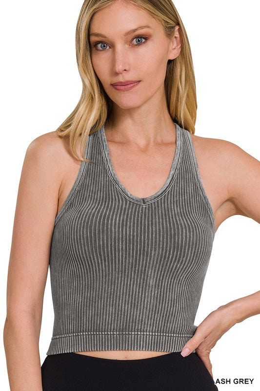 Washed Cropped Racerback V-Neck Tank Top