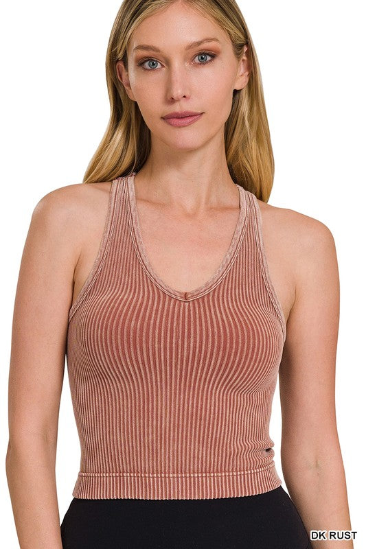 Washed Cropped Racerback V-Neck Tank Top