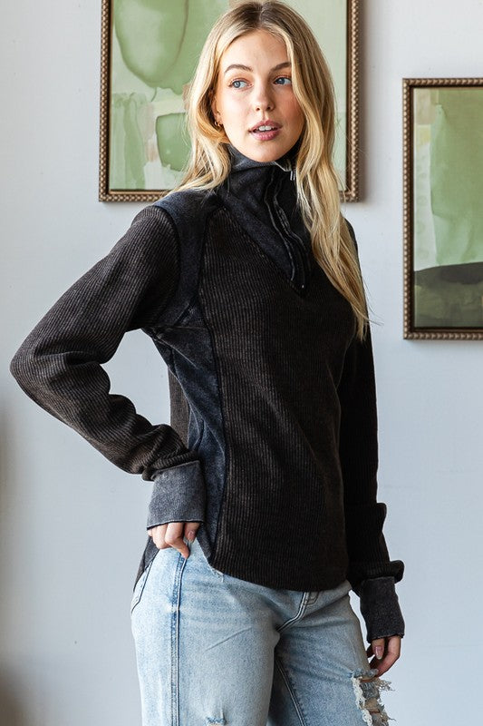 Washed Henley Zip Up Neck Waffle Top | OLI & HALI