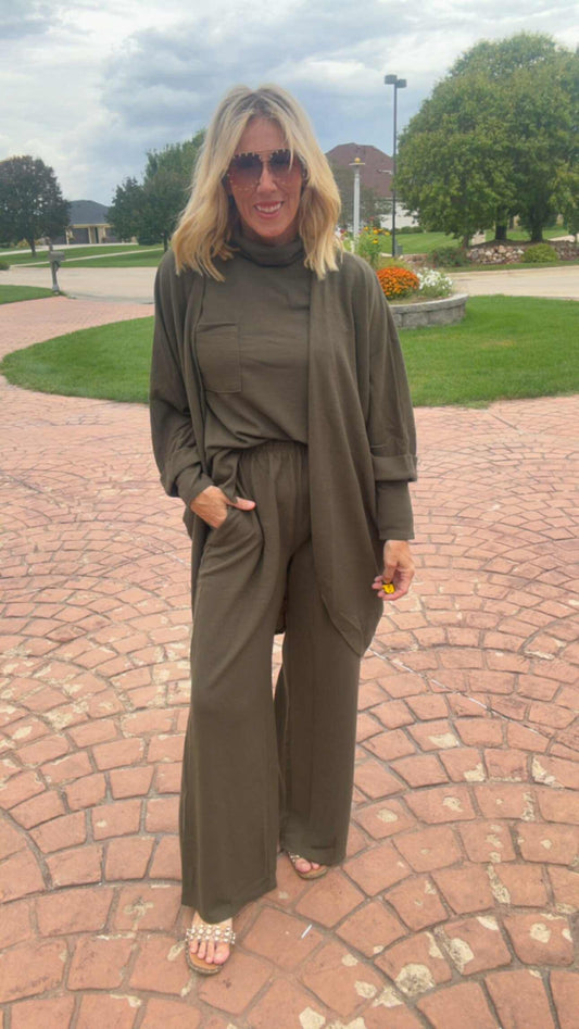 3-Piece Cozy Lounge & Travel Set - Dark Olive