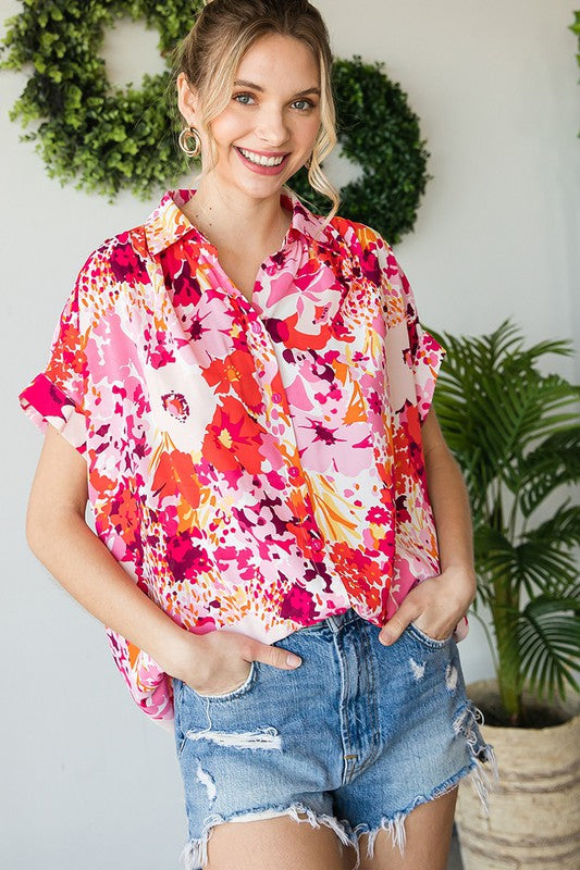 Floral Print Collared Button-Up Top - Final Sale