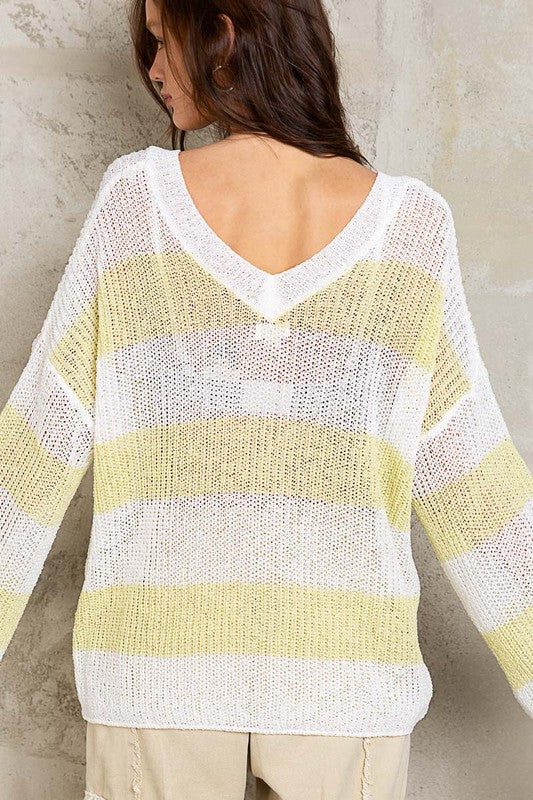 V-Neck Stripe Thin Sweater - POL
