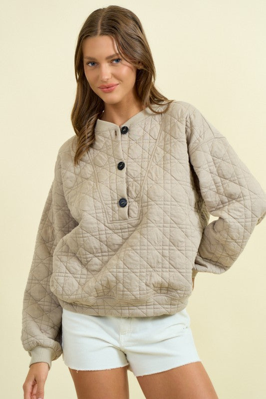 Quilted Jersey Button Front Sweatshirt